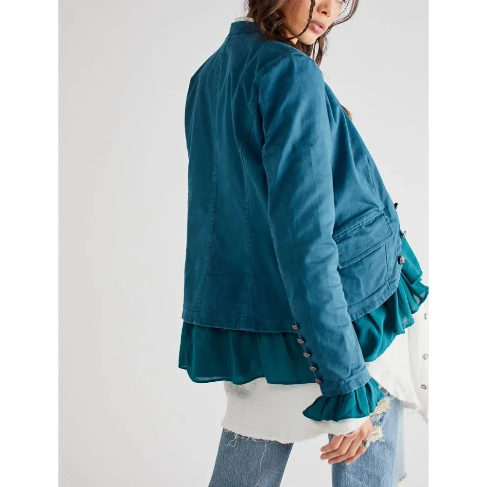 🎉LAST CHANCE🎉 FREE PEOPLE Ruffles Romance Jacket / Teal Jewel - Picture 2 of 6